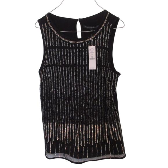 White House Black Market MP Sleeveless Top Black Silver Sequins Mesh Lined New - Picture 1 of 10